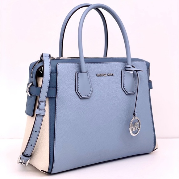 Michael Kors Mercer Medium Belted Satchel Crossbody Pale Blue Multi - Picture 1 of 12